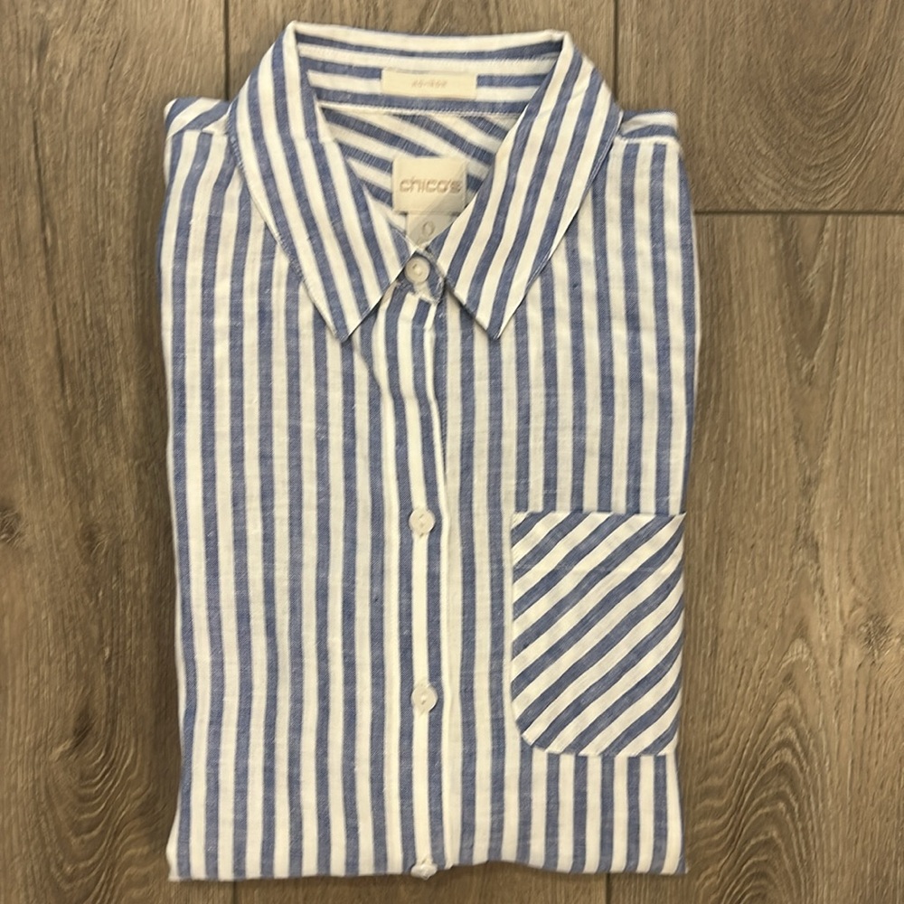 Chico's Women's Blue and White Striped Linen Button Down Non-Iron Shirt - Small - Picture 1 of 10